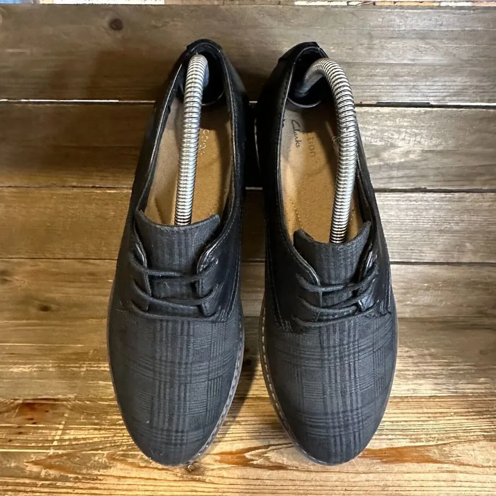 Womens Clarks‎ Airabell Ultimate Plaid Black Platform Wedges Oxfords Size 8.5 M
